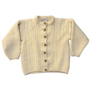 HIGHLAND HOME INDUSTRIES Youth Wool Cable Knit Cardigan Sweater M Ivory Scotland